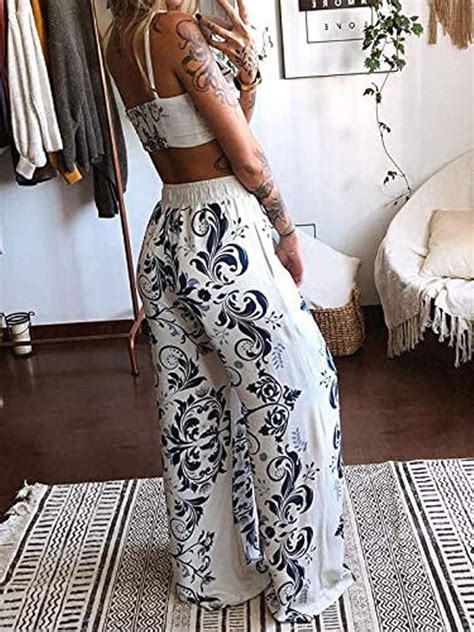 Minetom Zweiteiler Damen Boho Sommer 2 Teiler Crop Top Und Hose Yoga