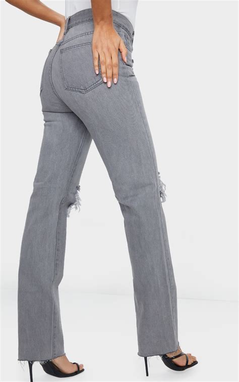 Grey Ripped High Waist Straight Jeans Prettylittlething Usa