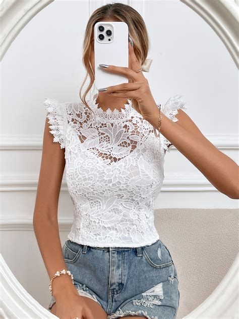 Shein Frenchy Guipure Lace Mock Neck Blouse Shein Usa