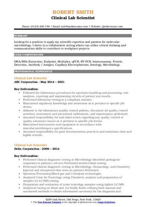 Clinical Lab Scientist Resume Samples Qwikresume