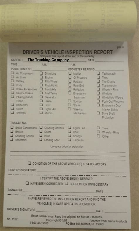 Imprinted Vehicle Inspection Report Book Style No 1187b Transproducts