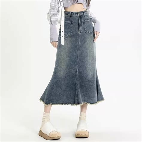 Jual COD Rok Duyung Rok Jeans Korean Style Rok Fishtail Pinggang Tinggi