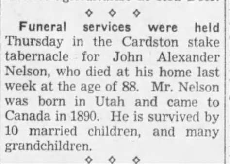 Nelson John Alexander Obituary Calgary Herald 1942 10 05 P 9