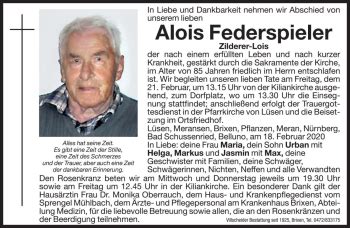 Traueranzeigen Von Alois Federspieler Trauer Bz