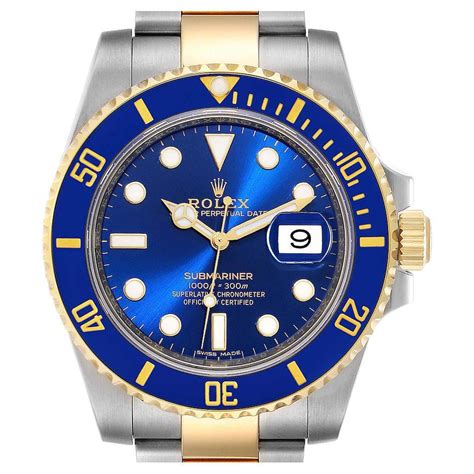 Rolex Submariner 18 Karat Yellow Gold Blue Dial Men’s Watch 16618 For Sale At 1stdibs