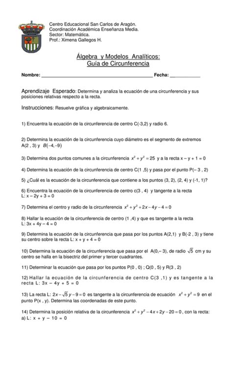 Lgebra Y Modelos Anal Ticos Gu A De Circunferencia