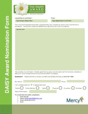 Fillable Online DAISY Award Nomination Form - Mercy Fax Email Print - pdfFiller