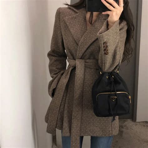 Women Autumn Winter Luxury Wool Blends Sash Waisted Slim Wool Coats