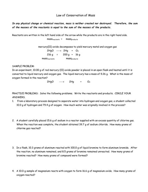 Law Of Conservation Of Mass Worksheet