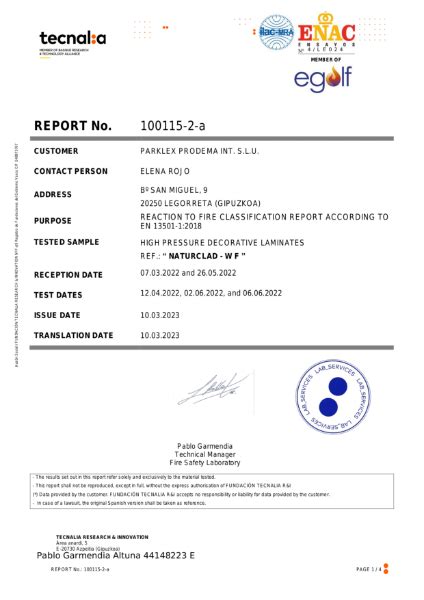 Fire Classification Report NATURCLAD WF Parklex Prodema NBS Source