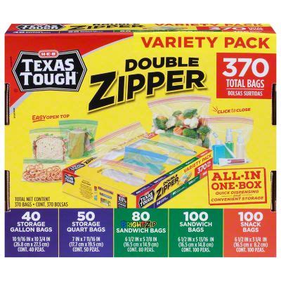 H E B Texas Tough Double Zipper Storage Bags Variety Pack 370 Ct