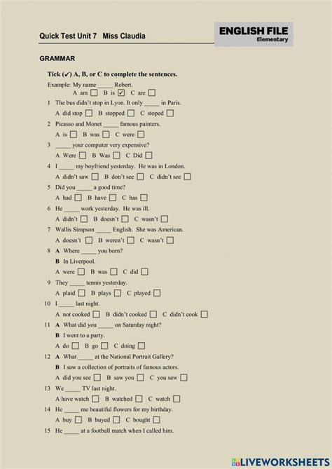 6744995 Quicktest Unit 7 English File Elementary