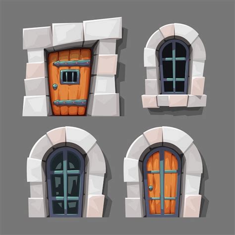 Puertas Y Ventanas Medievales Al Estilo De Las Caricaturas Vector Premium