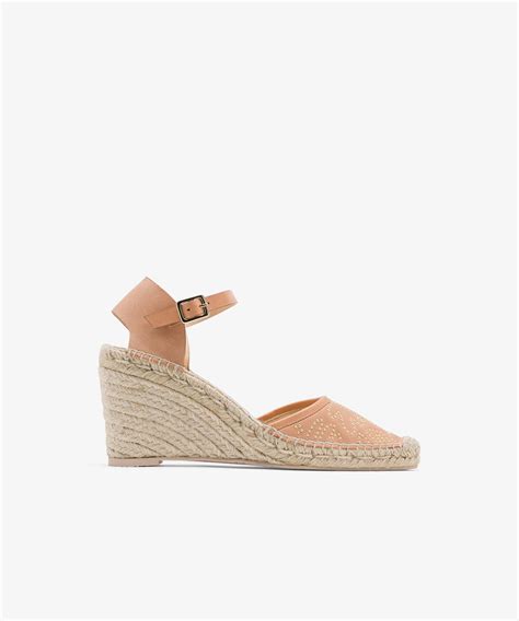 Tan Stud Embellished Leather Wedge Espadrilles