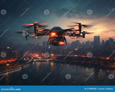 Drone Over Dystopian Cityscape At Sunset Stock Photo Image Of Flight