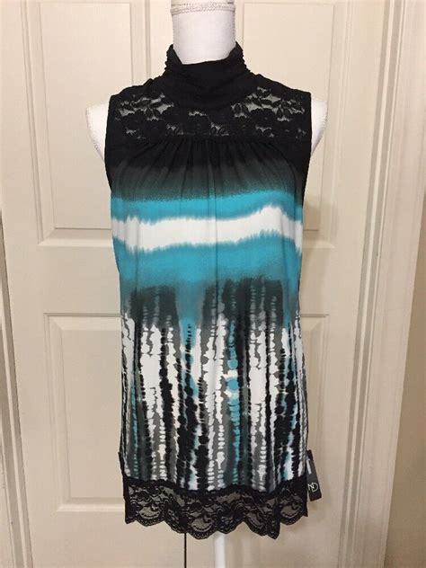 Nwt New Directions Size M White Black Aqua Sleeveless Tunic Top Women S