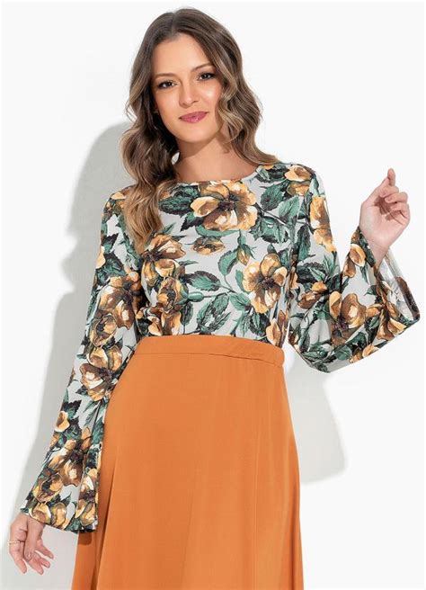 Blusa Floral Manga Longa Moda Evangélica Rosalie