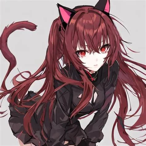 Anime Girl With Red Eye And Cat Ears And Black Outfit