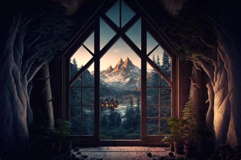 Premium AI Image | A window with a view of a mountain and a forest.