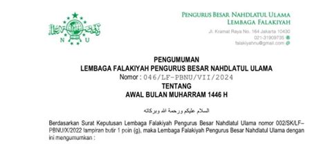 PBNU Tetapkan 1 Muharram 1446 H Jatuh Pada 8 Juli 2024