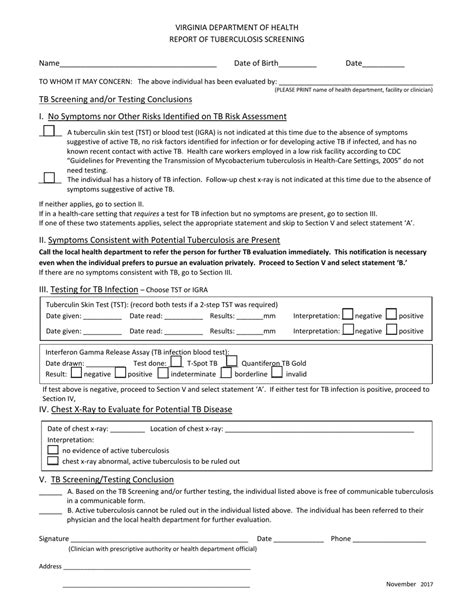 Virginia Report Of Tuberculosis Screening Fill Out Sign Online And Download Pdf Templateroller