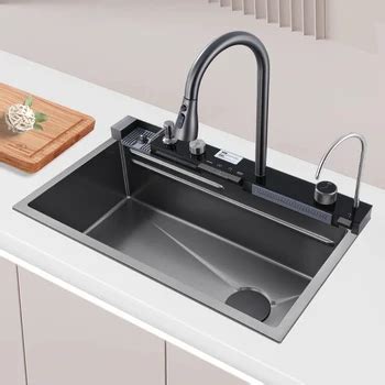 Nano Black 75x46cm Smart Waterfall Kitchen Sink With Whale Faucet Led