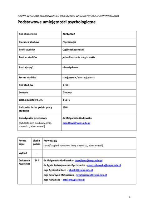 Podstawowe Umiej Tno Ci Psychologiczne Sylabus Nazwa Wydzia U
