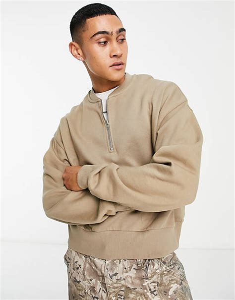 Asos Design Oversized Half Zip Sweatshirt In Beige Asos