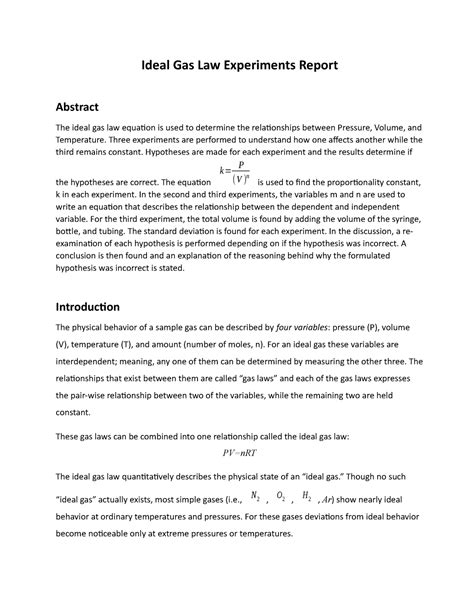 Experiment 9 Exploring Properties Of Gases Report Ideal Gas Law