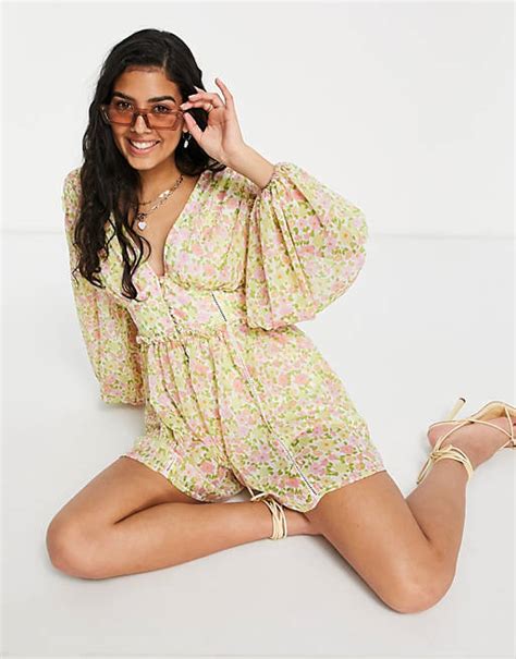 Asos Design Button Front Long Sleeve Playsuit In 70s Floral Asos