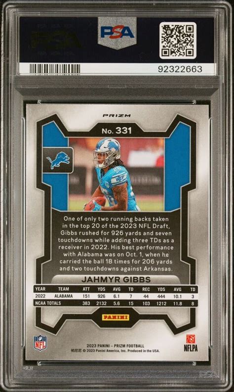 2023 Panini Prizm Jahmyr Gibbs RC Green Ice SP Rookie Lions PSA 9 Mint