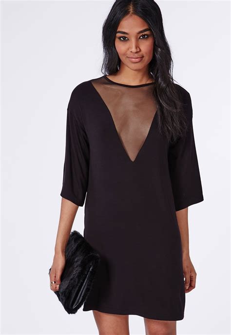 Missguided Mesh V Insert Oversized T Shirt Dress Black Oversized T