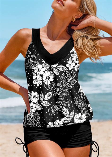 Patchwork Floral Print Black Tankini Top Modlily Usd