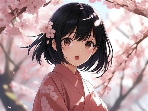 Premium Photo | Anime Girl in Kimono Among Cherry Blossoms