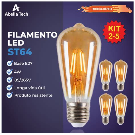 Kit 5 Lâmpada Filamento LED ST64 E27 4W LUZ QUENTE AMARELO Âmbar