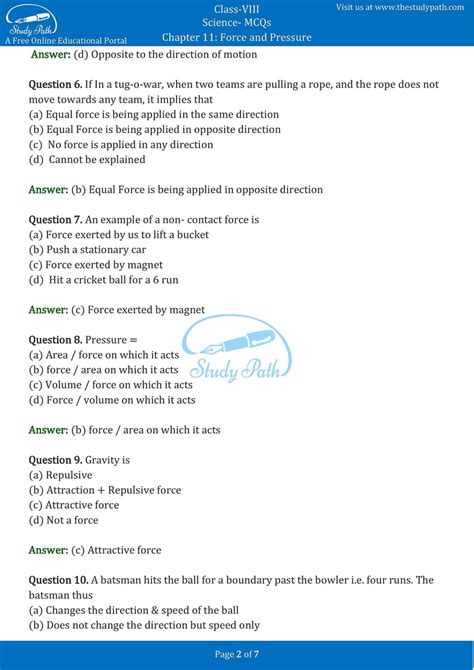 Class Science Chapter Force And Pressure Mcq With Answers