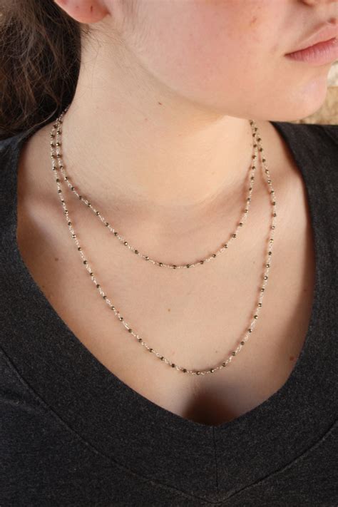 Pyrite Necklace Long Pyrite Beaded Silver Necklace Metallic Silver Layering Rosary Chain