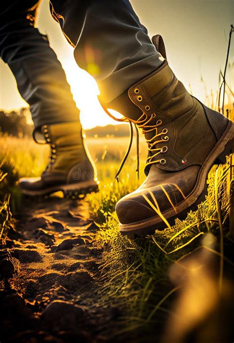 Feet In Farm Boots Walk Across A Plowed Field At Sunset Ai Generated Stock Illustration