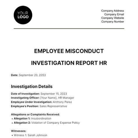 Free Employee Misconduct Investigation Report HR Template Edit Online