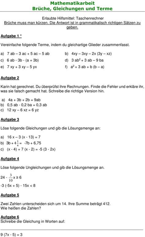 Klassenarbeit Zu Terme Und Gleichungen Klasse