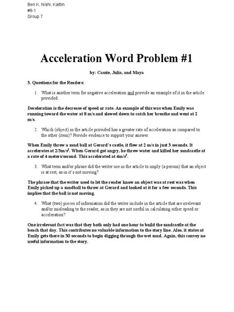 Solving Acceleration Word Problems Acceleration Physics