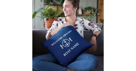 Boat Name Welcome Aboard Seahorse Anchor Navy Blue Throw Pillow Zazzle