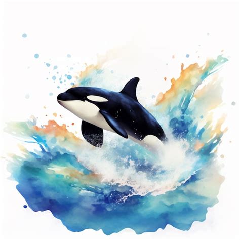 Hay Una Pintura De Acuarela De Una Ballena Saltando Fuera Del Agua