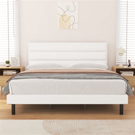 HAIIDE Upholstered Full Size Bed Frame with Wingback Headboard, White ...