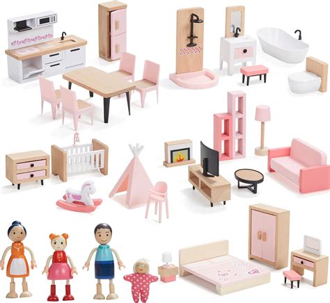 Wooden Dollhouse Furniture Set, 36pcs Furnitures with 4 Family Dolls, Dollhouse Accessories ...