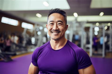 Premium AI Image Mature Asian Gym Trainer In Purple Tank Top With Excited Expression