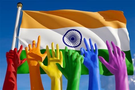 Rainbow Colored Hands From Lgbt Community Over Flag Of India Indian Gay Parade Concept Of