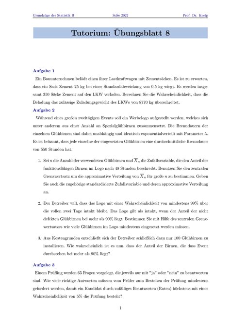 Uebungsblatt 8 Übungsblatt 08 Statistik B Ohne Lösungen