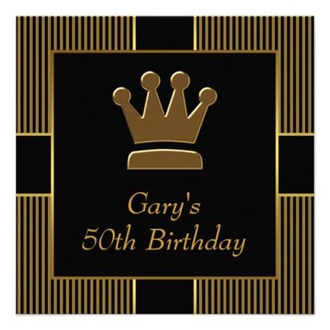 King Crown Mans Black Gold Birthday Party Personalized Invites 50th