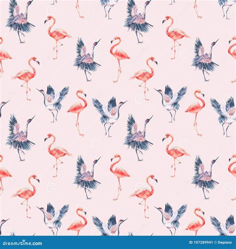 Watercolor Nature Seamless Pattern With Red Heads Crane Stock